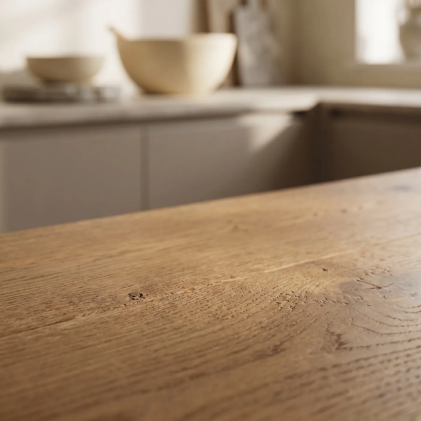 Close-up oak grain with natural oil finish, soft side light, and subtle texture